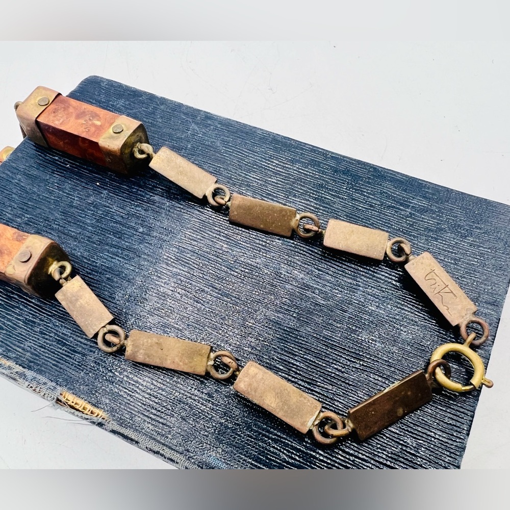 Vintage brutalist TRIKA 16” brass and wood block bead necklace - Picture 11 of 13